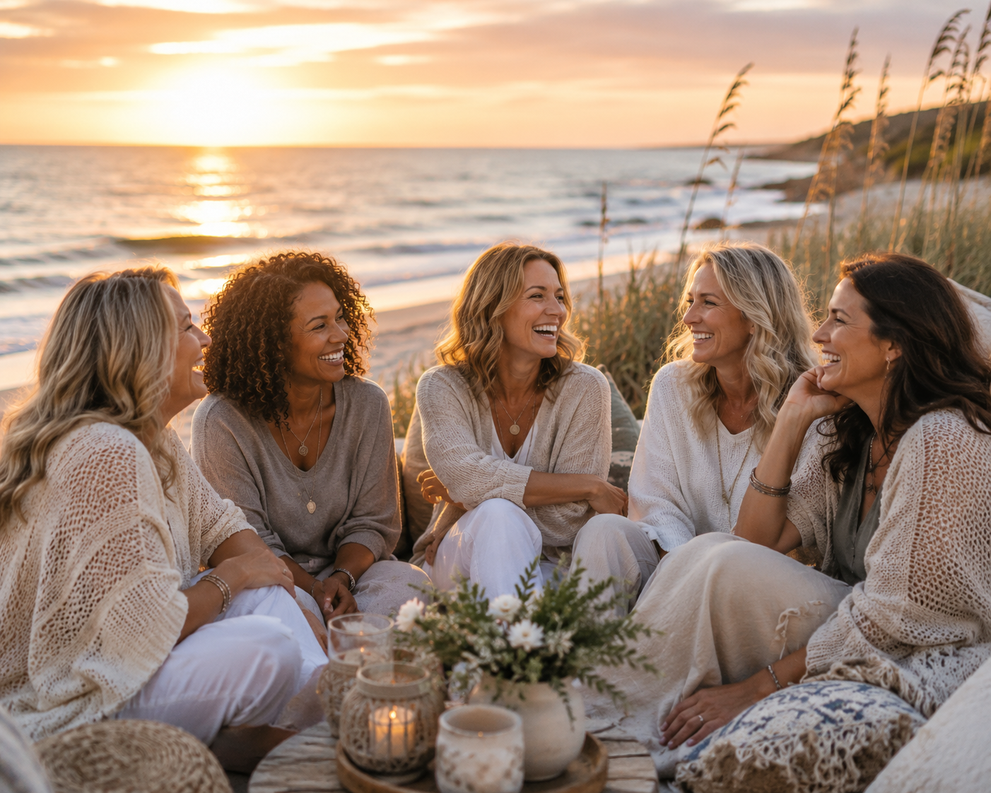 Women gathered together on the beach at sunset