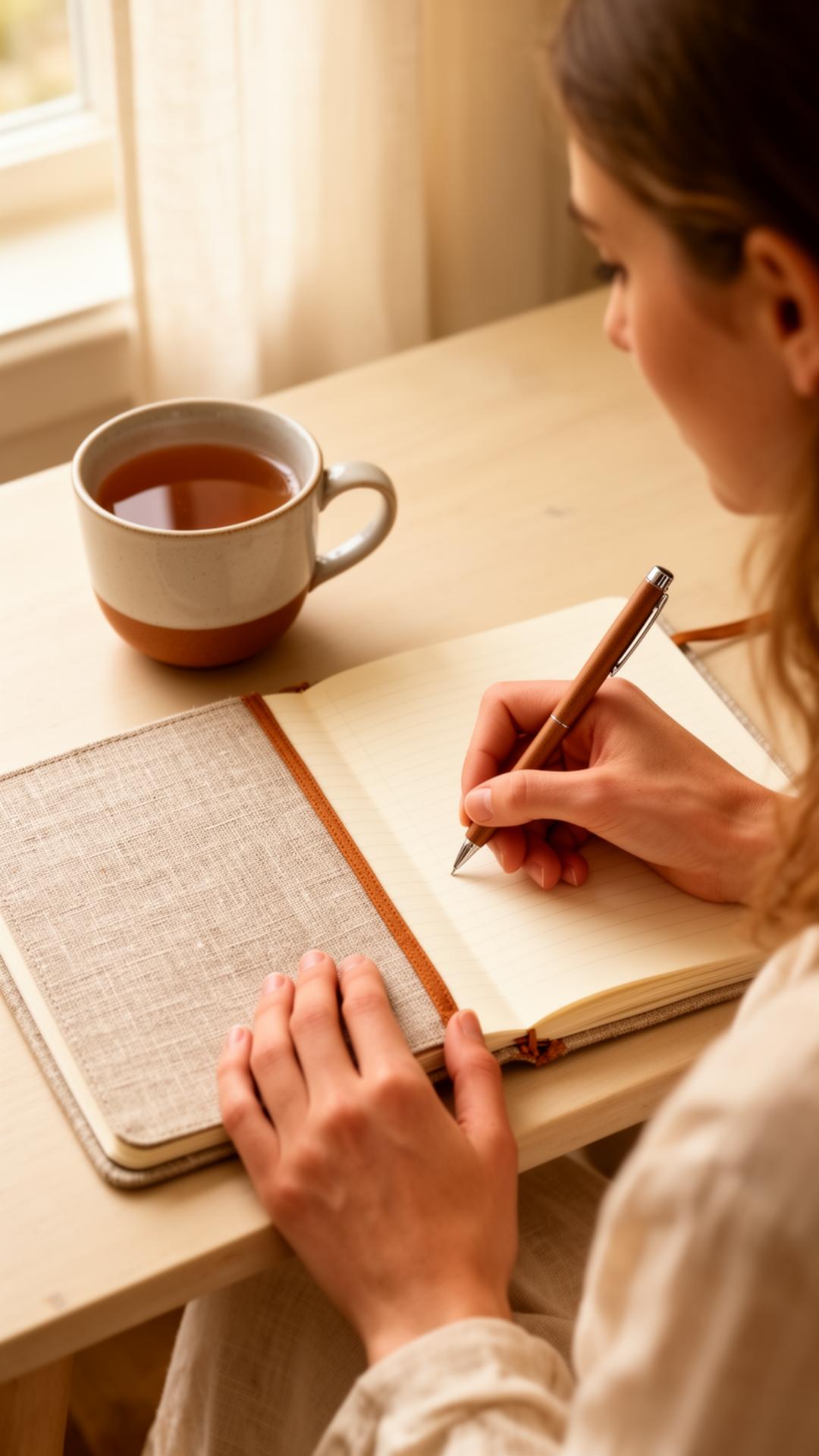 Hands journaling with tea in soft morning light